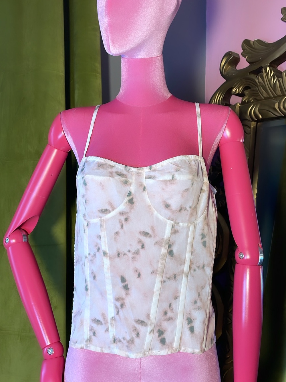 PrettyLittleThing White Sheer Floral Bustier Cami with Green Accents